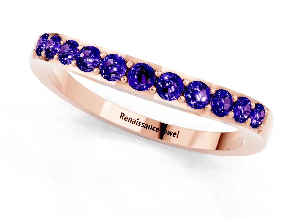 Round Tanzanite Curved Wedding Band with Channel Setting Rose gold