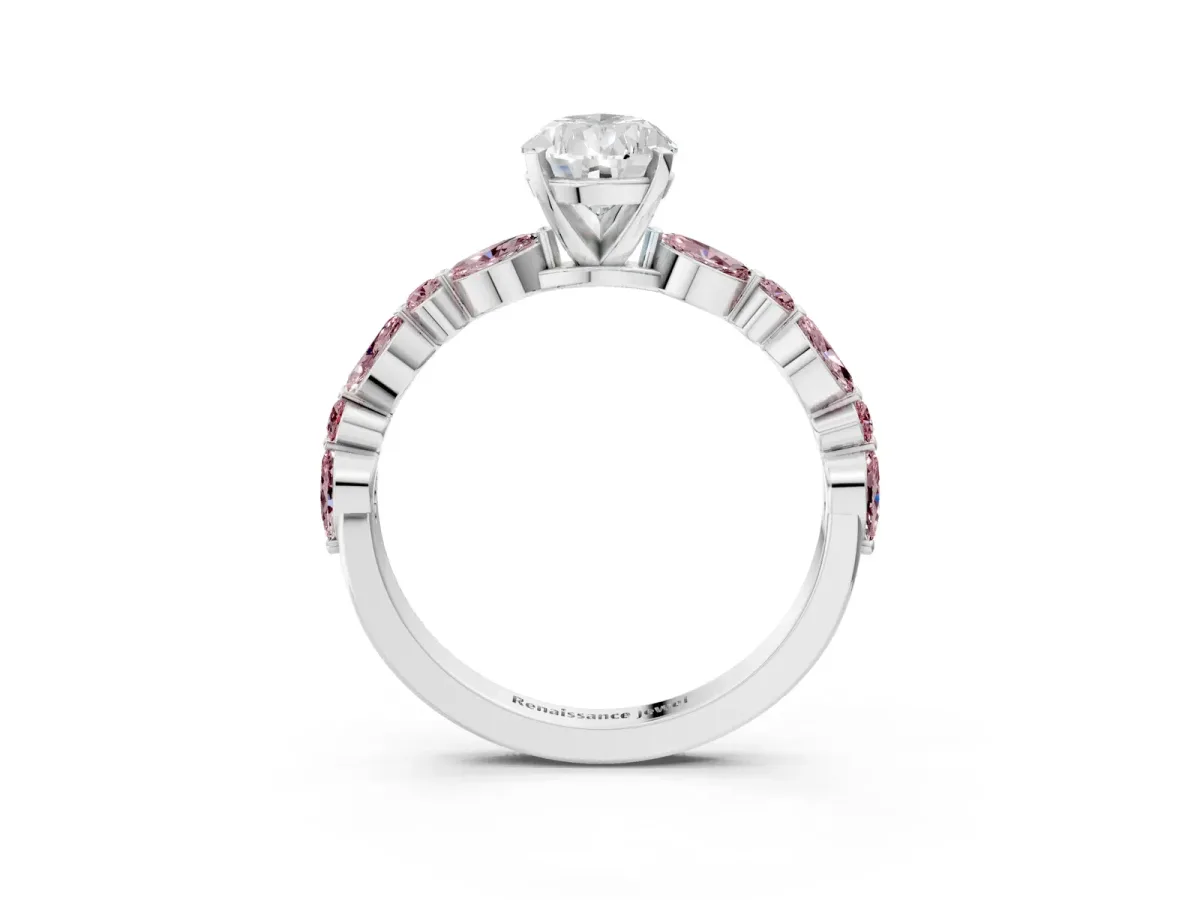 Pear Cut Diamond Ring with Marquise and Round Morganite Side Stones and Four-Prong Setting Silver