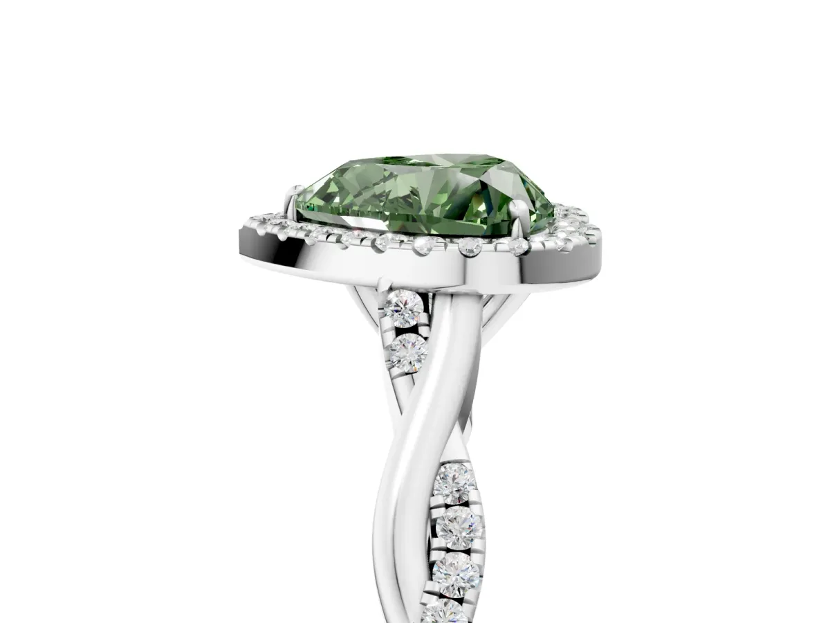 Fancy Green Heart Cut Halo Twist Band Solitaire Ring Platinum