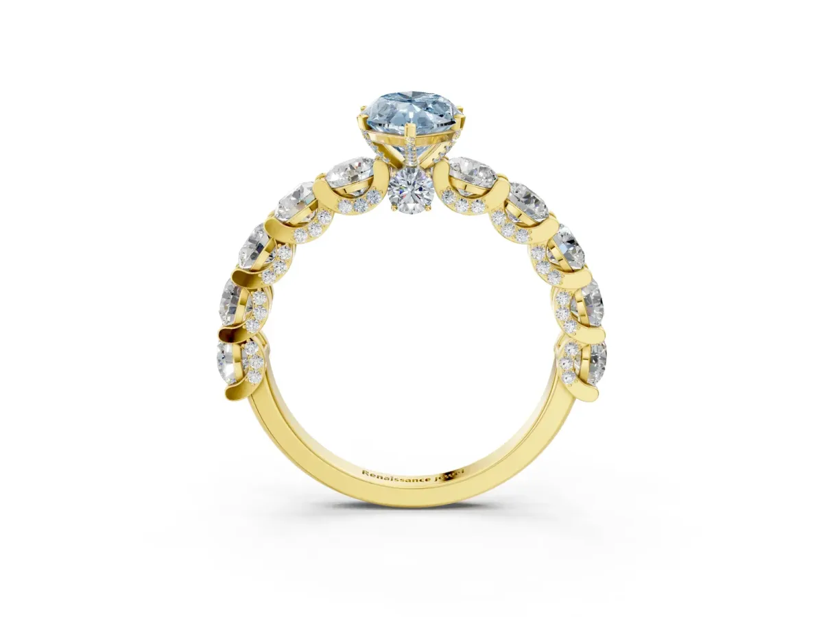 Fancy Blue Marquise Cut Diamond Side Stone Engagement Ring with Four-Prong Setting Yellow gold