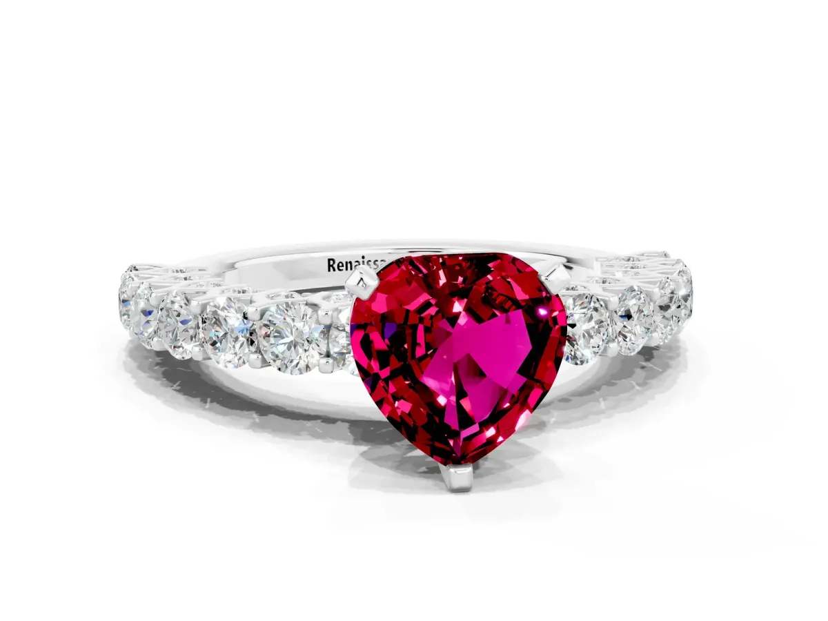 Heart Cut Garnet Solitaire Ring with Shared Prong Pavé Band and Four-Prong Setting Silver