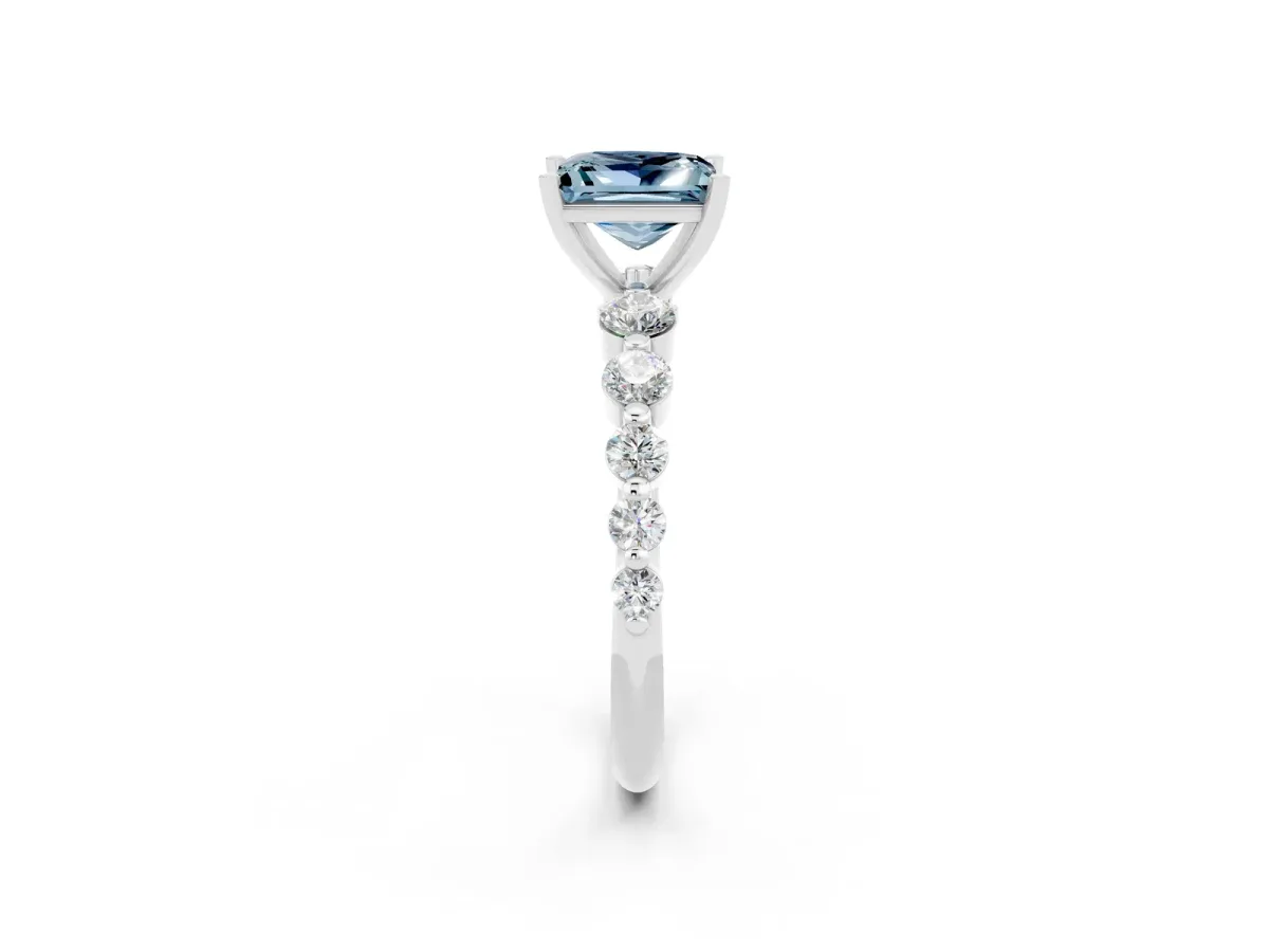 Princess Cut Solitaire Aquamarine Ring with Pave Band and Four-Prong Setting Silver