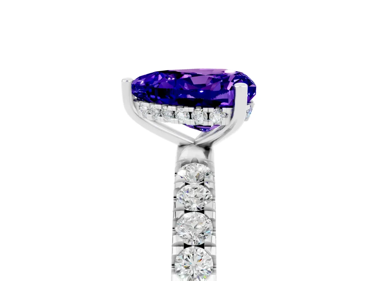 Heart Cut Tanzanite Pave Band Solitaire Ring with Round and Prong Setting Silver
