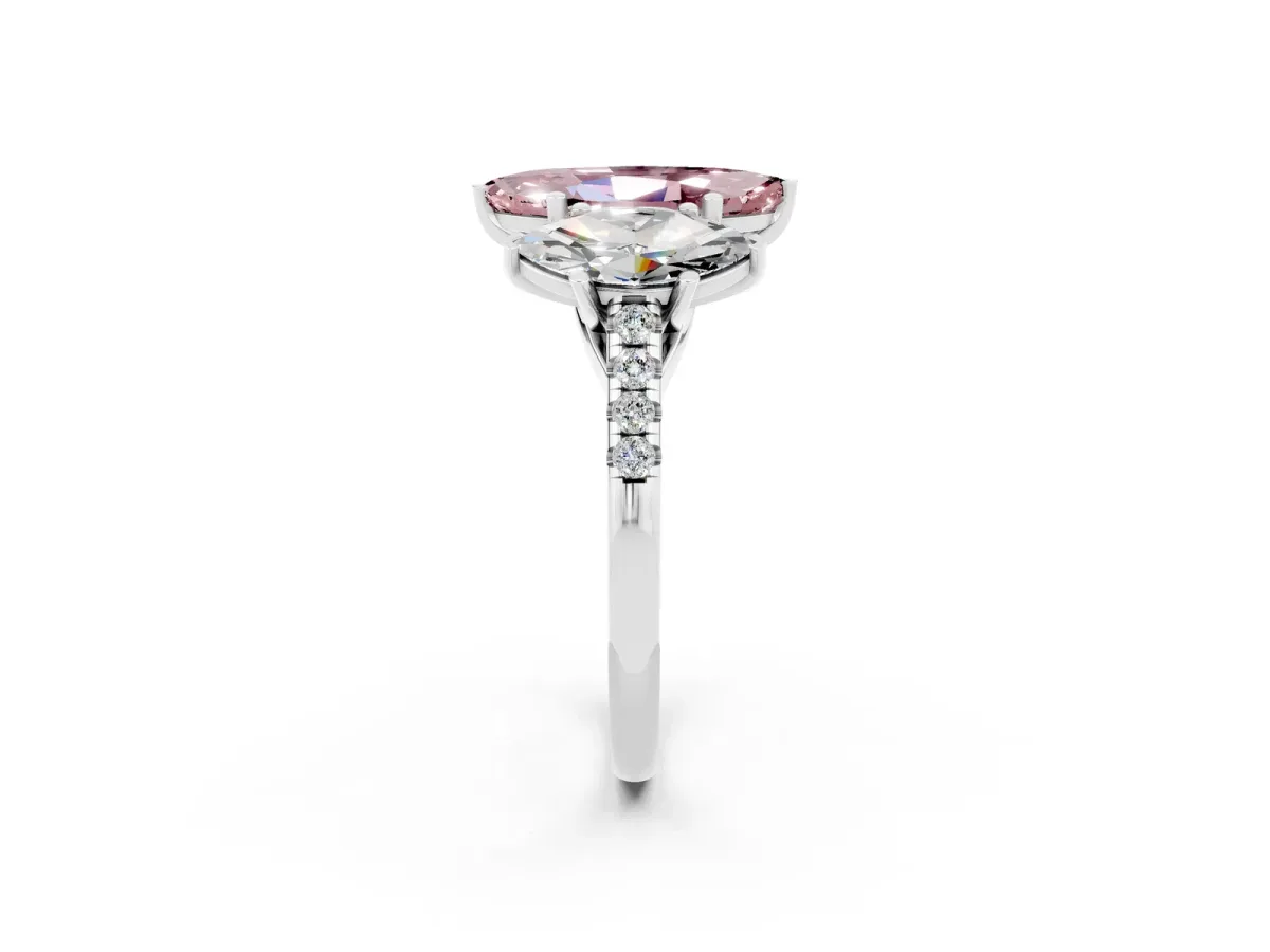Three-Stone Marquise Cut Morganite Ring with Round Pavé Band and Prong Setting Silver
