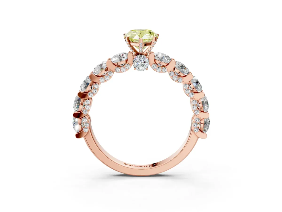 Fancy Yellow Pear Cut Diamond Side Stone Engagement Ring with Four-Prong Setting Rose gold