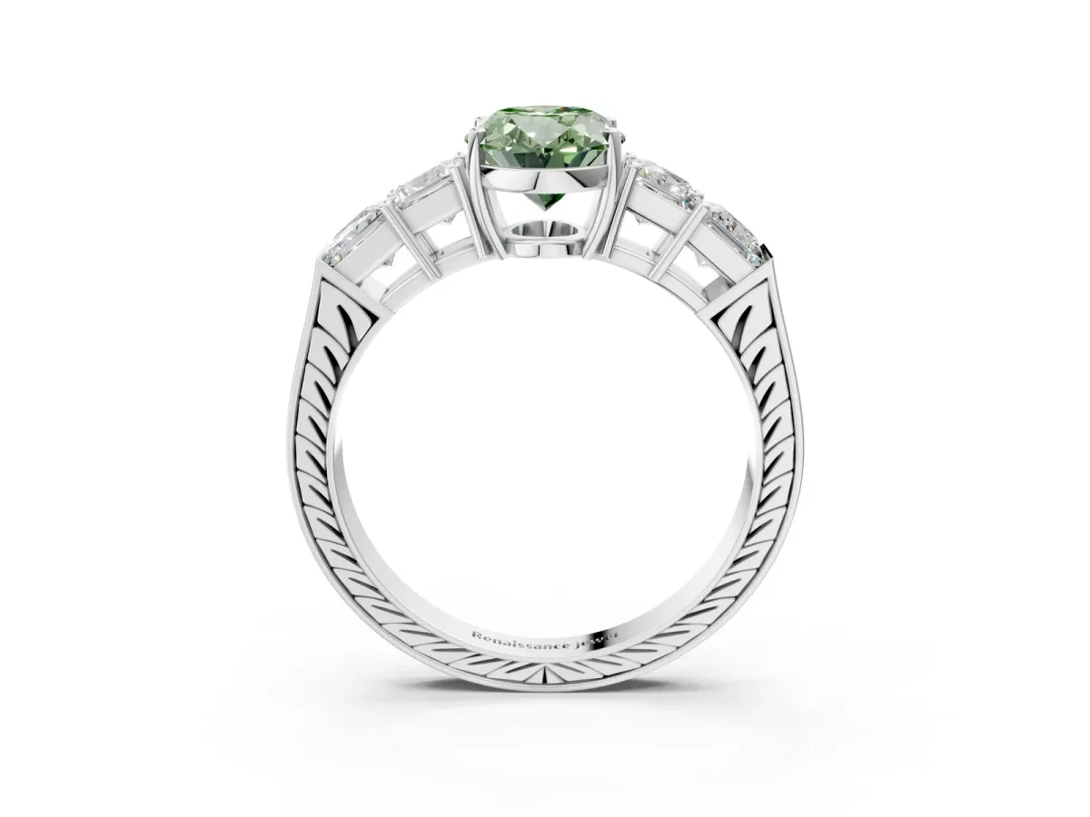Fancy Green Oval Cut Solitaire Princess Side Stone Engraved Band Prong Setting Ring Silver