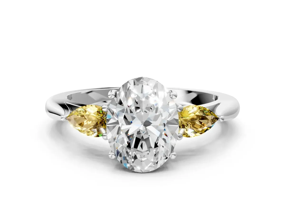 Oval Cut Diamond Three-Stone Ring with Pear Yellow Sapphire Side Stones and Prong Setting Silver