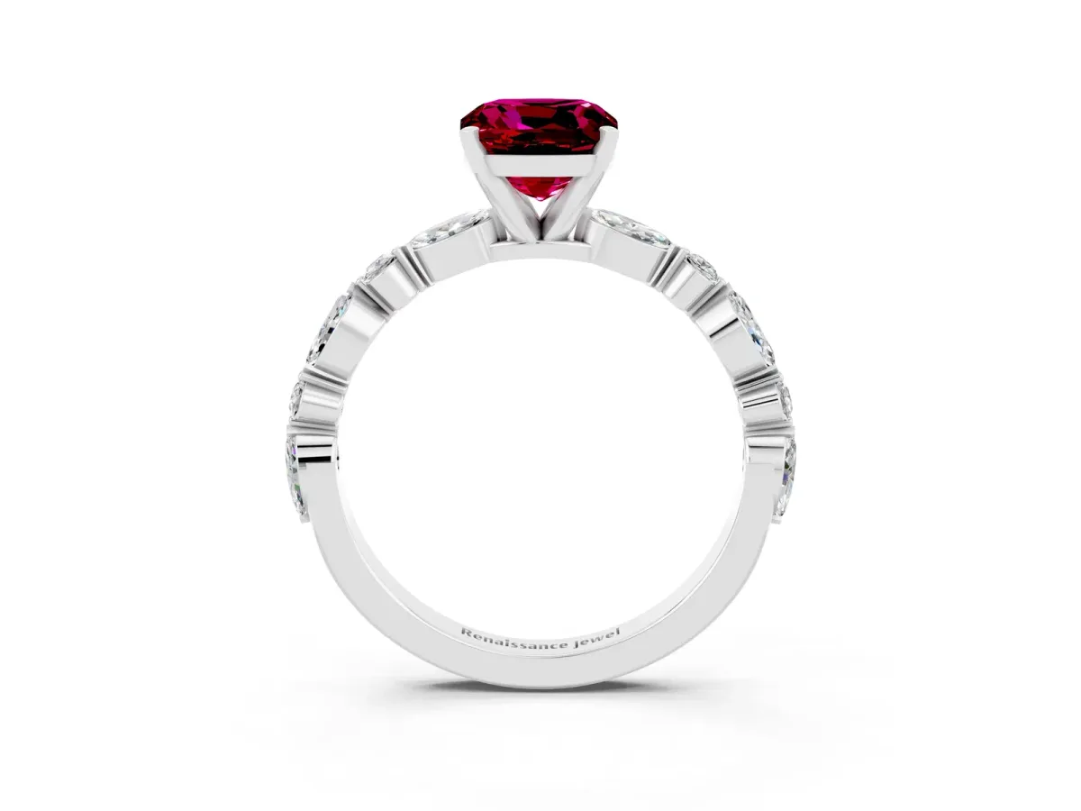 Cushion Cut Garnet Ring with Marquise and Round Side Stones and Four-Prong Setting Silver