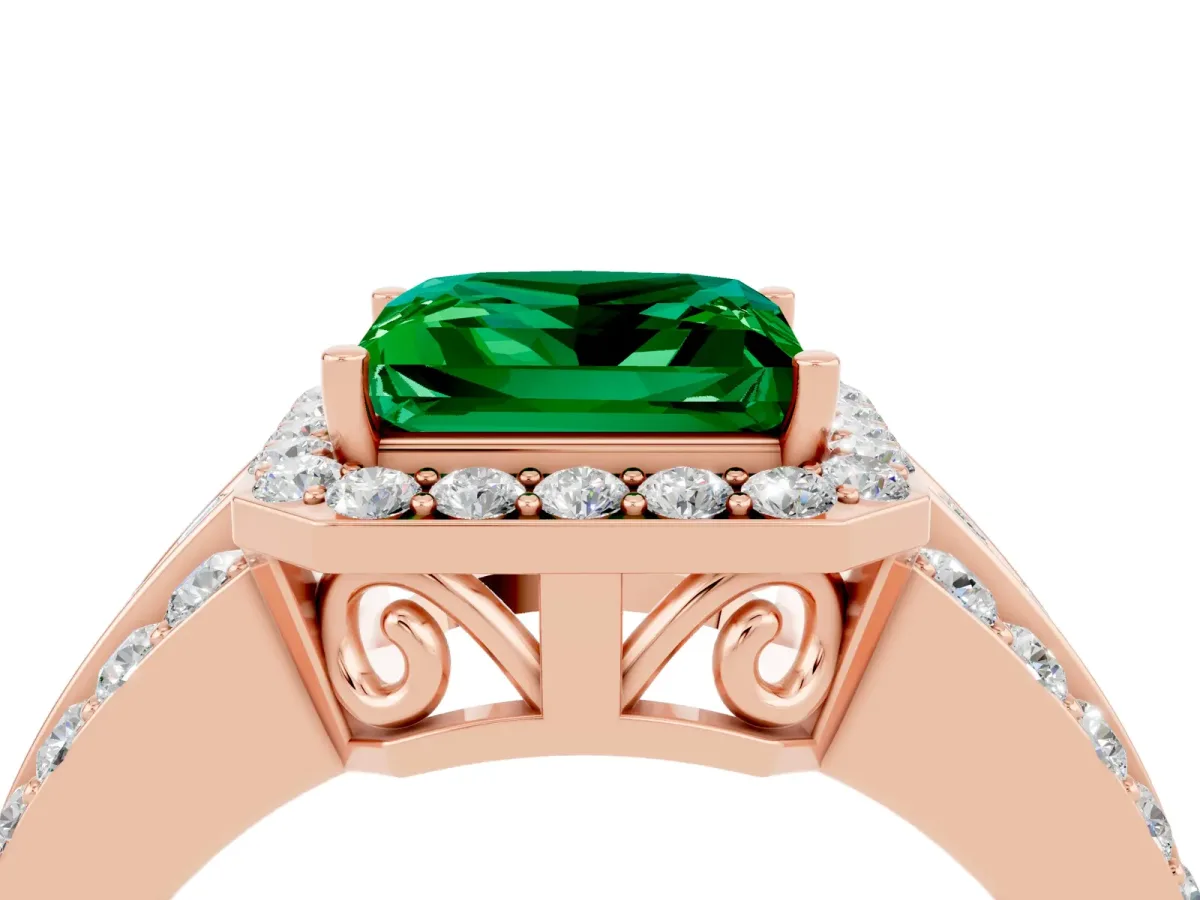 Princess Cut Halo Emerald Ring with Round Split Shank and Prong Setting Rose gold