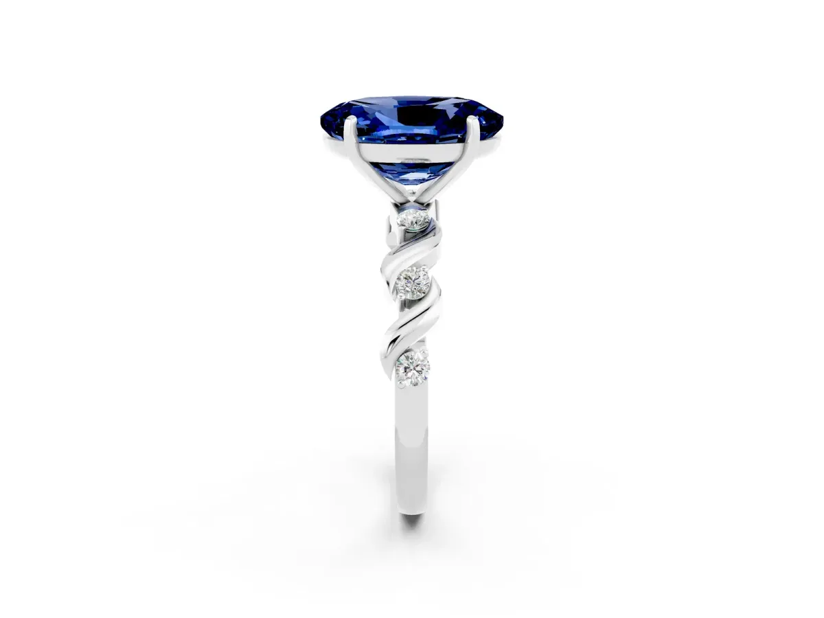 Oval Cut Blue Sapphire Solitaire Twisted Band with Round Accents and Prong Setting Silver