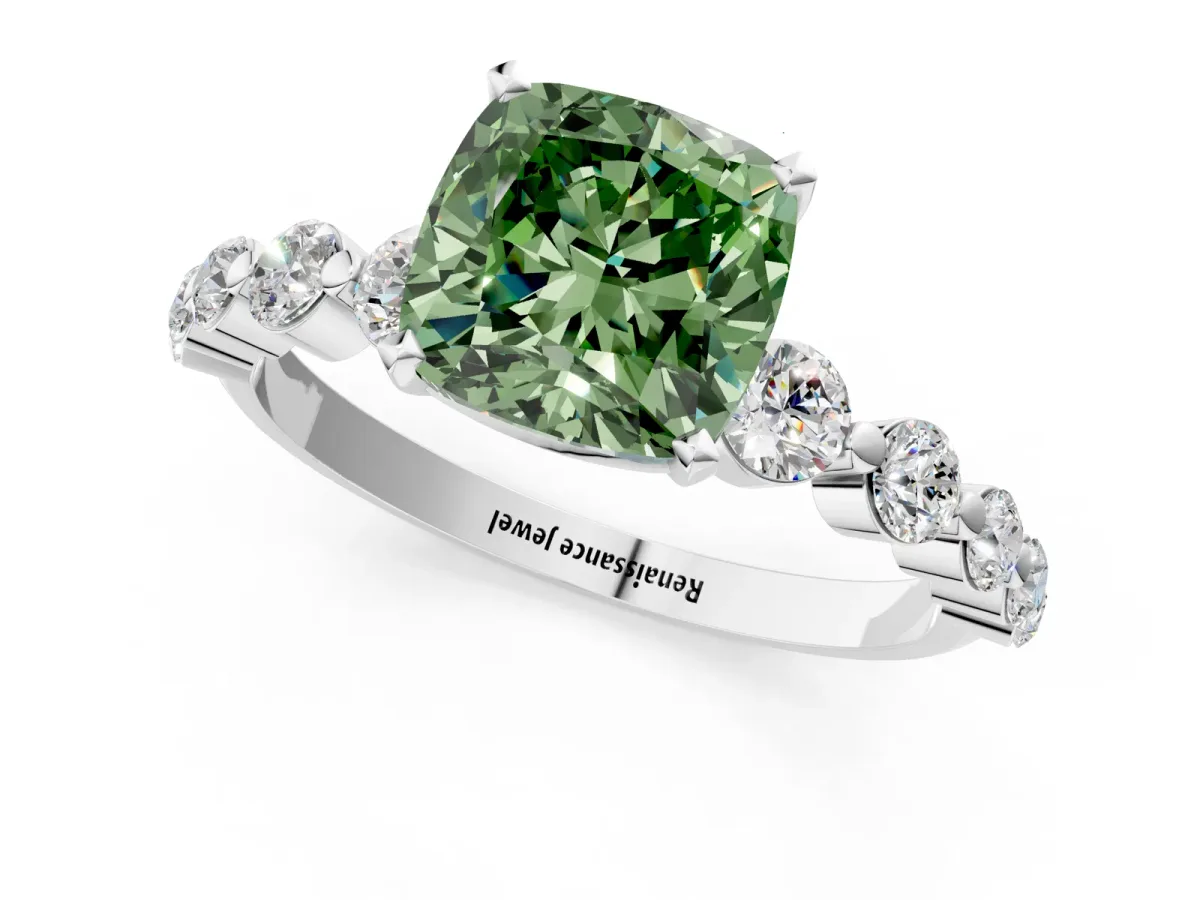 Fancy Green Cushion Cut Solitaire Diamond Ring with Pave Band and Four-Prong Setting Silver