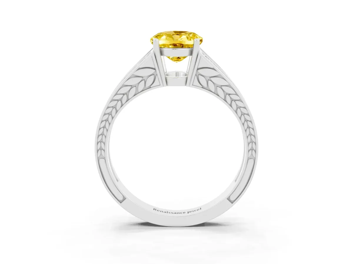 Oval Cut Yellow Sapphire Split Shank Ring with Pavé Band and Four-Prong Setting White gold