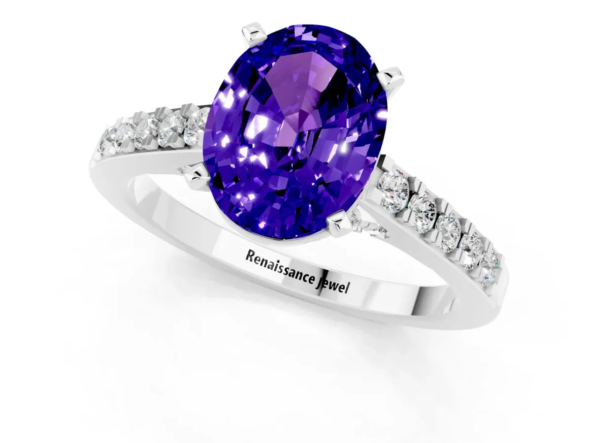 Oval Cut Tanzanite Solitaire Ring with Crossover Gallery and Round Pavé Band Silver