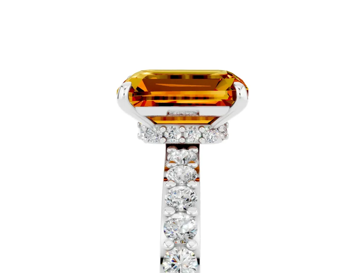 Emerald Cut Citrine Solitaire Engagement Ring with Pavé Band and Four-Prong Setting Silver