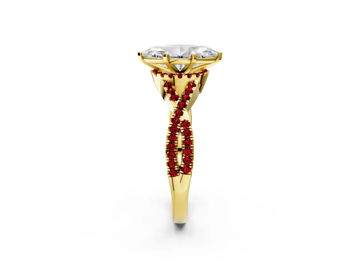 Marquise Cut Diamond Ruby Halo Twist Band Solitaire Prong Setting Ring Yellow gold