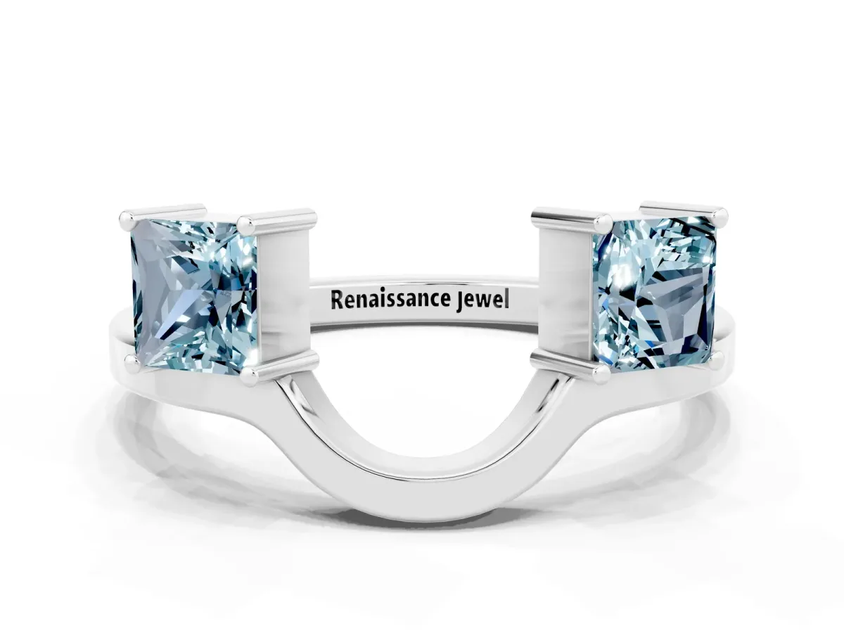 Princess Cut Aquamarine Two-Stone Open Band Ring with Four-Prong Setting Silver