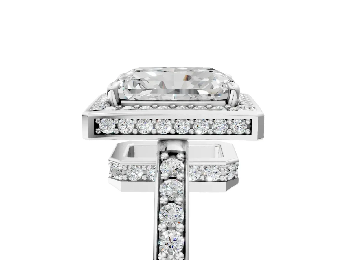 Radiant Cut Halo Pave Band Solitaire Ring with Prong Setting Platinum