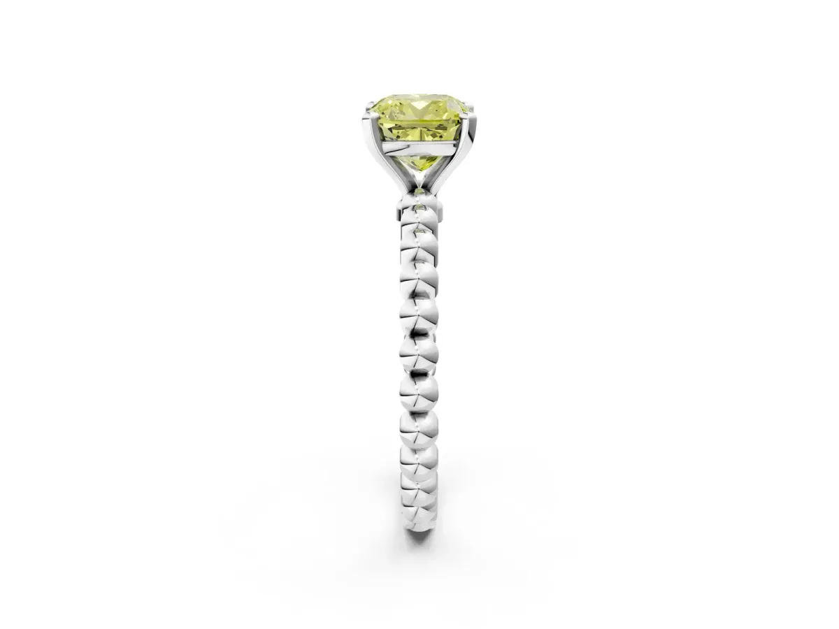 Fancy Yellow Cushion Cut Diamond Solitaire Ring with Beaded Band and Prong Setting Platinum