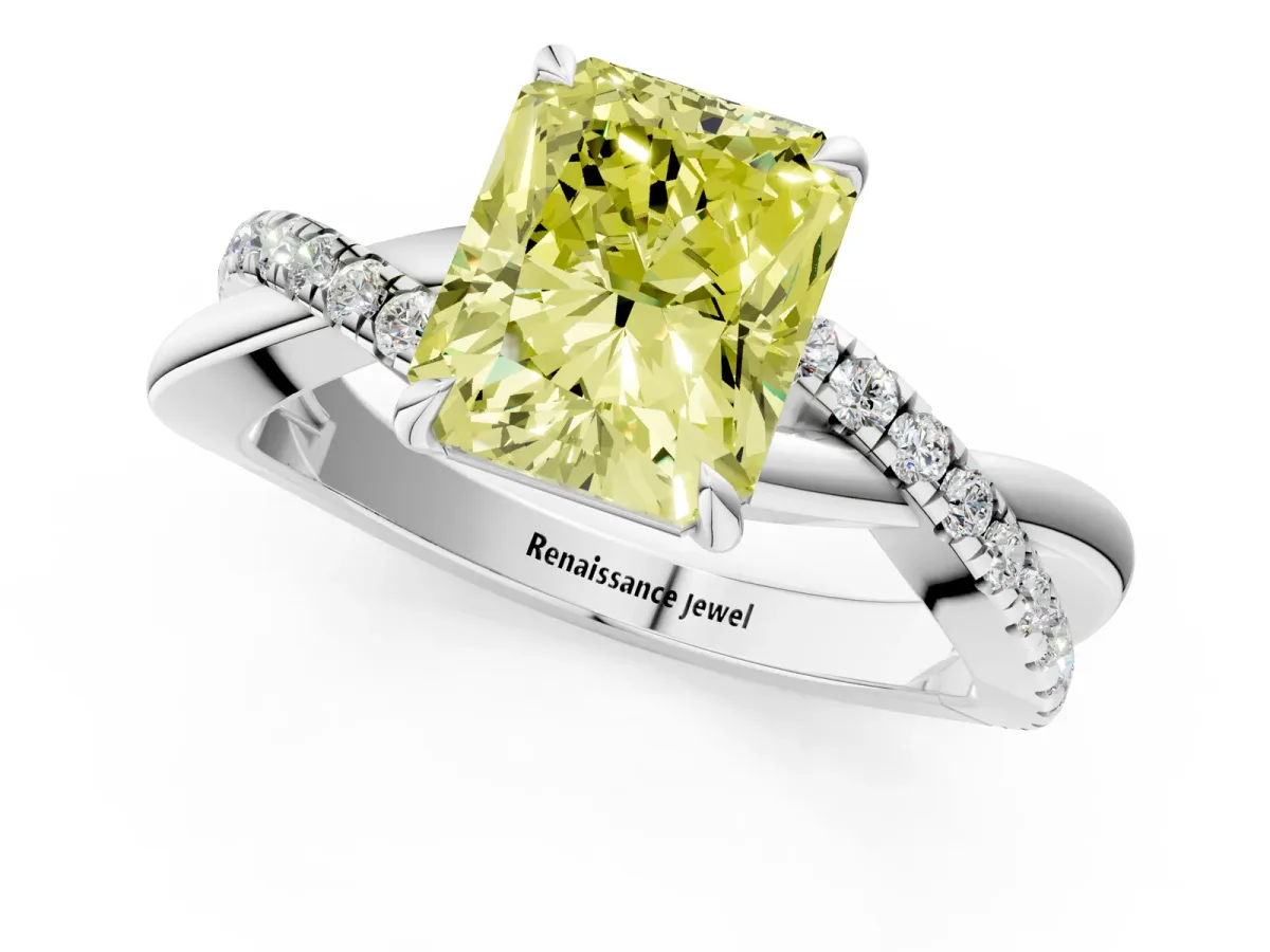 Fancy Yellow Radiant Cut Cut Diamond Twisted Band with Pavé Setting and Four-Prong Setting Platinum