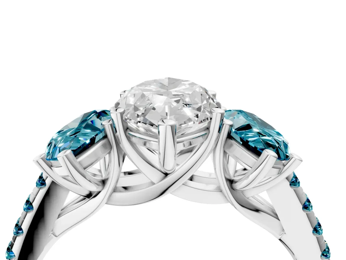 Three-Stone Marquise Cut Diamond Ring with Round Blue Topaz Pavé Band and Prong Setting Silver
