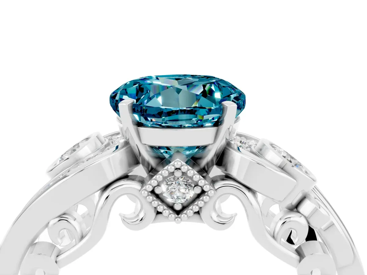 Round Cut Blue Topaz Solitaire Ring with Milgrain Pavé Band and Four-Prong Setting Silver