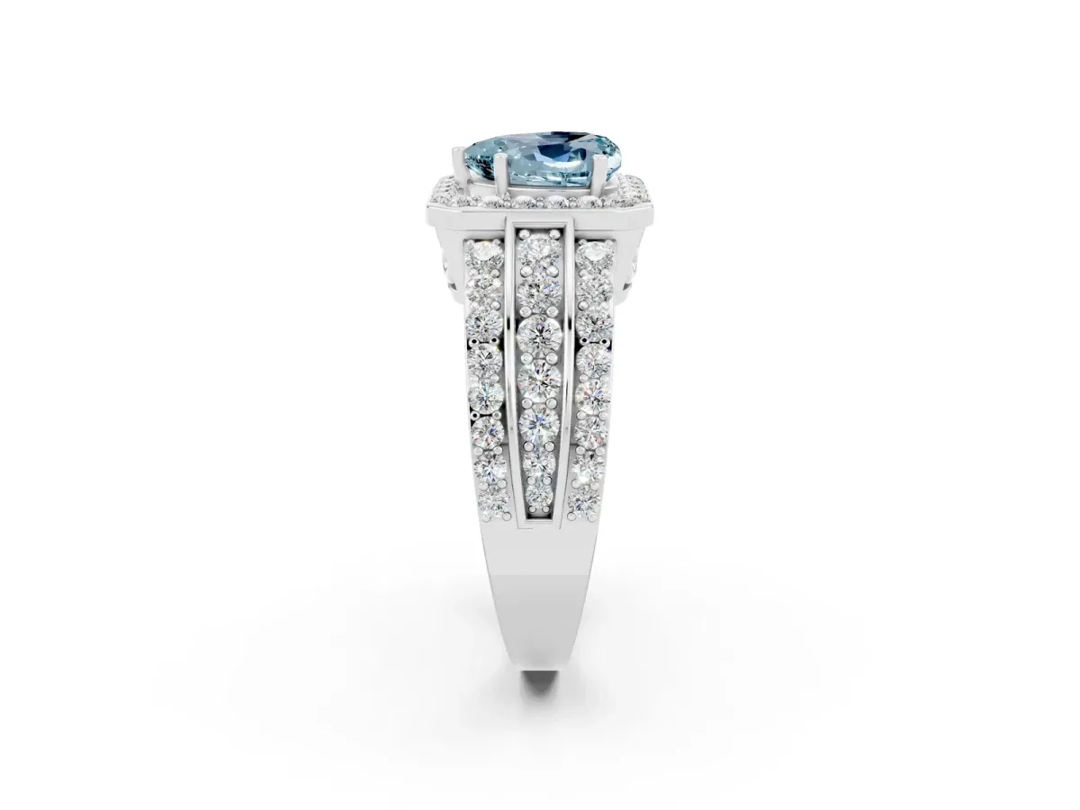 Heart Cut Halo Aquamarine Ring with Round Split Shank and Prong Setting Silver