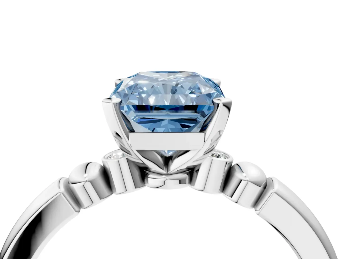 Fancy Blue Radiant Cut Solitaire Beaded Band with Four-Prong Setting Platinum