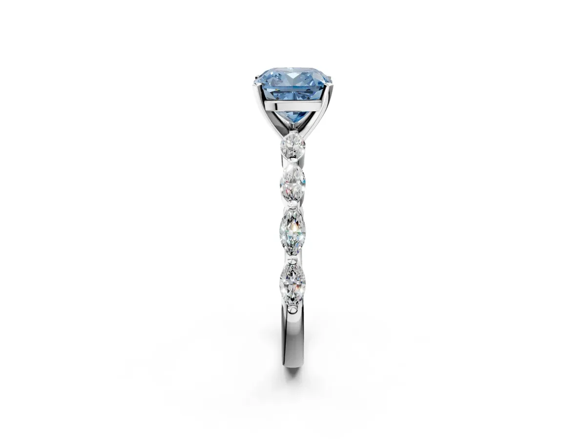 Fancy Blue Cushion Cut Diamond Ring with Marquise Side Stones and Prong Setting Platinum