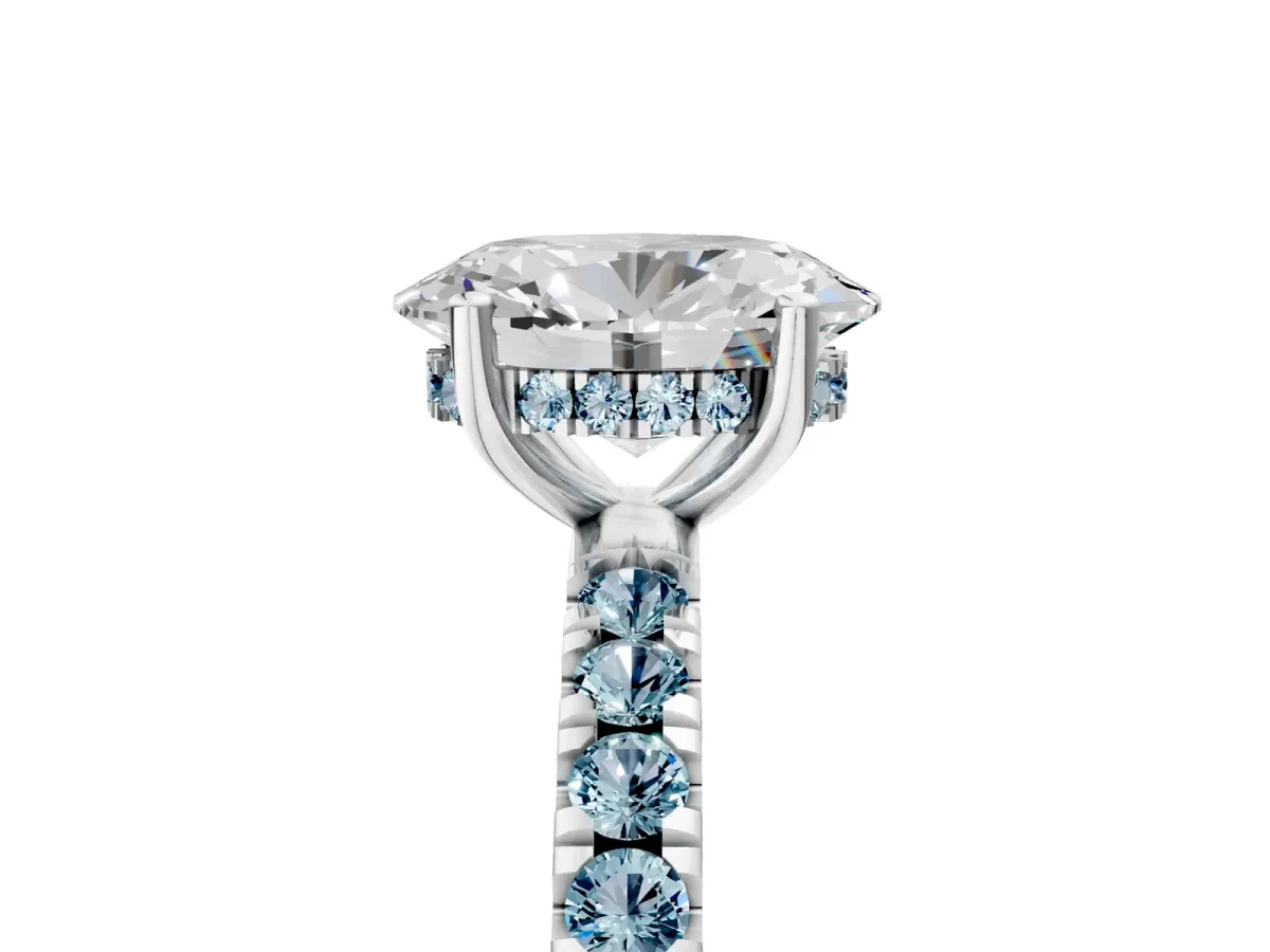Oval Cut Diamond Pave Band Solitaire Ring with Round Aquamarine and Prong Setting Silver
