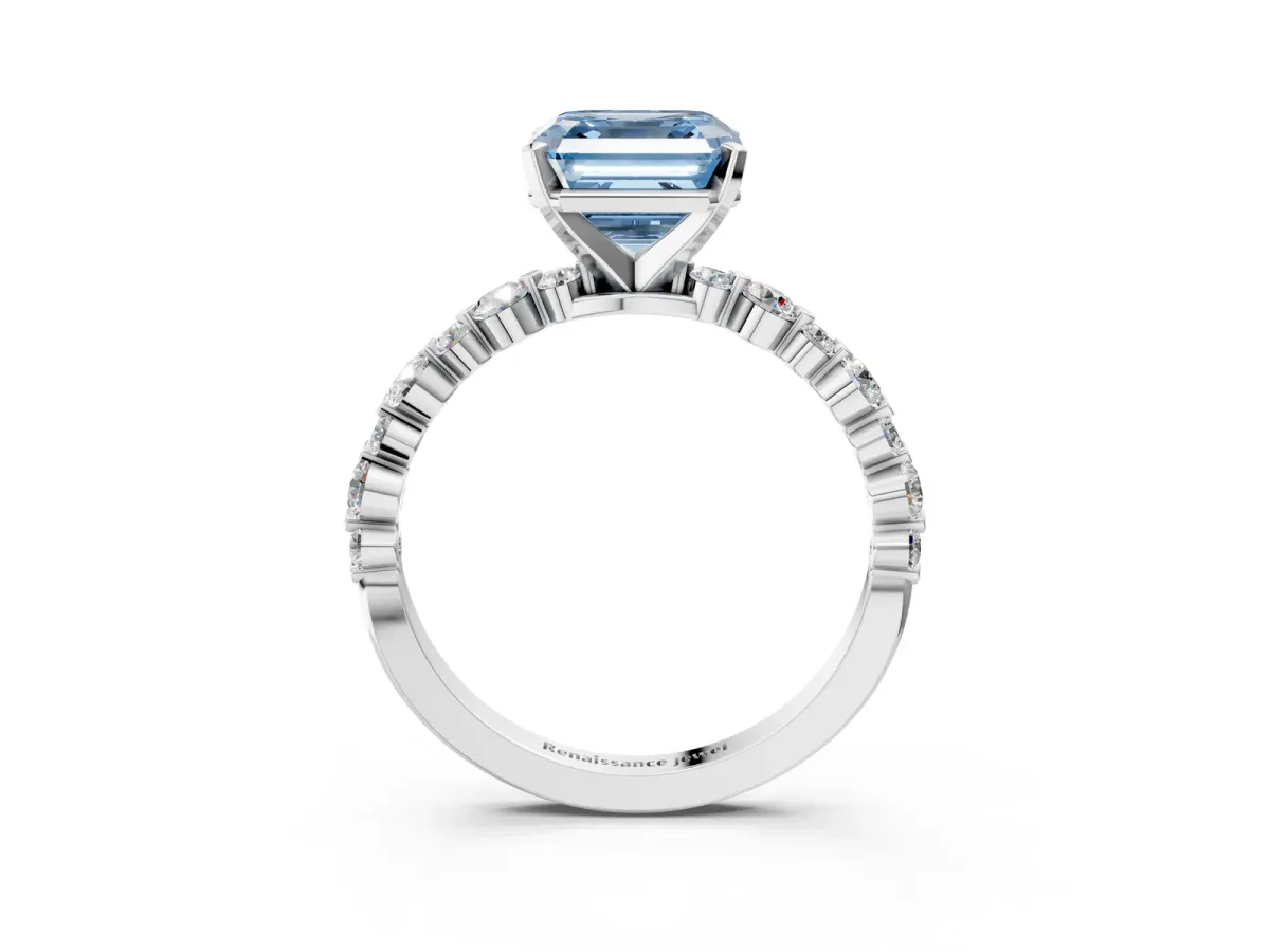 Fancy Blue Asscher Cut Diamond Prong Set Engagement Ring with Pavé Band Platinum