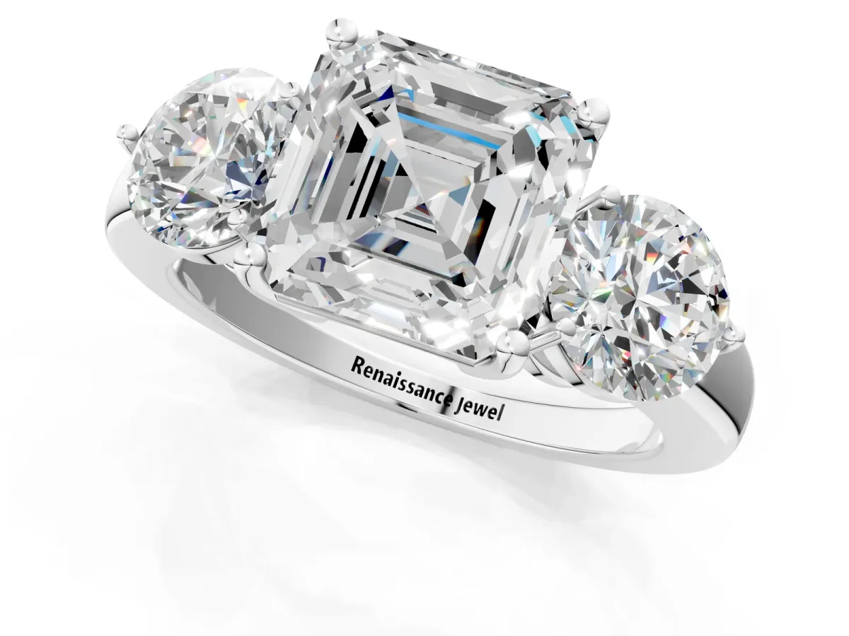 Asscher Cut Diamond Three-Stone Ring with Prong Setting and Classic Band Platinum