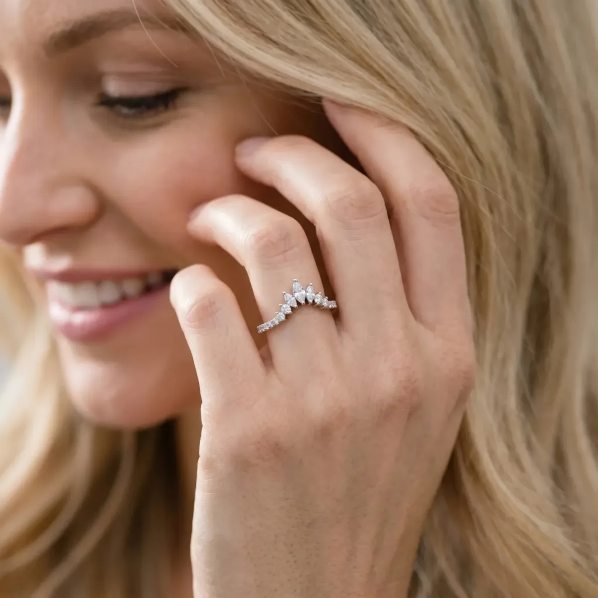 Marquise Cluster Diamond Pavé Band with Prong Setting Silver