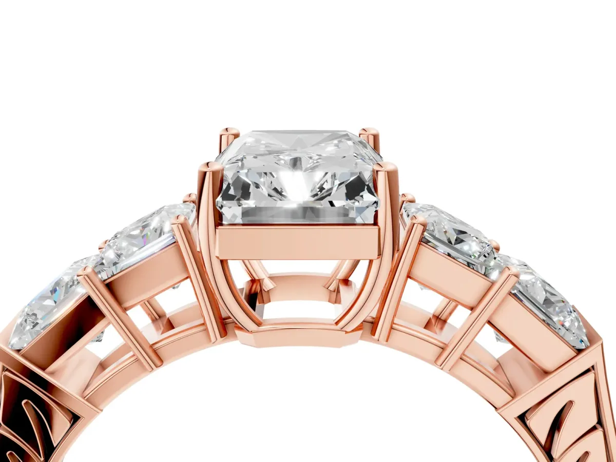 Radiant Cut Solitaire Princess Side Stone Engraved Band Prong Setting Ring Rose gold
