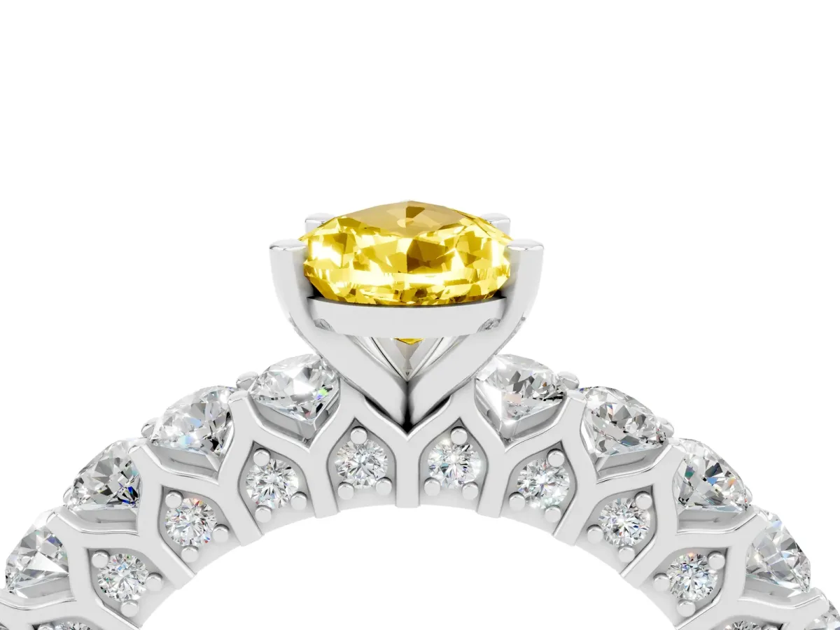 Pear Cut Yellow Sapphire Solitaire Ring with Shared Prong Pavé Band and Four-Prong Setting Silver