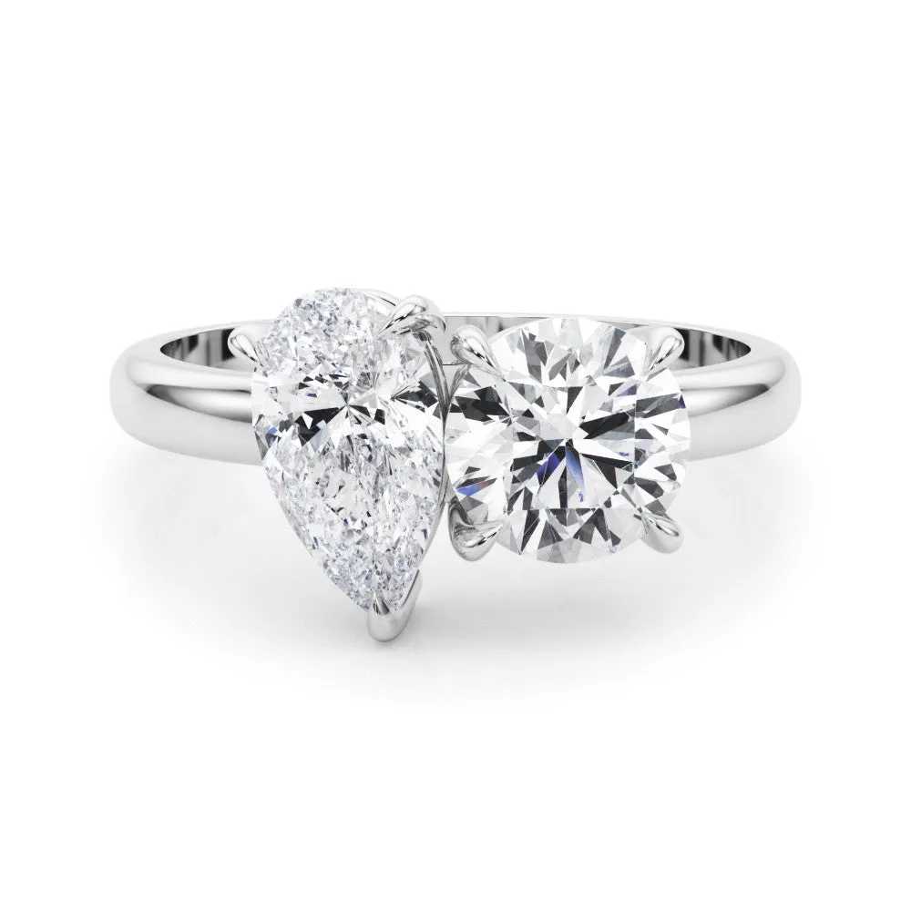 Round and Pear Toi Moi Ring with Prong Setting and Plain Band White gold