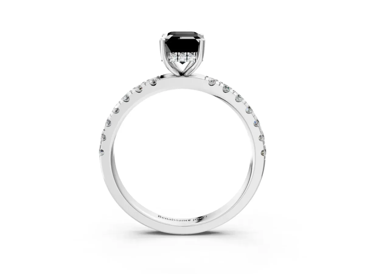Fancy Black Emerald Cut Diamond Pave Band Solitaire Ring with Round and Prong Setting Platinum