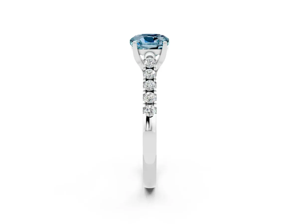 Cushion Cut Aquamarine Pavé Band Solitaire Ring with Prong Setting Platinum