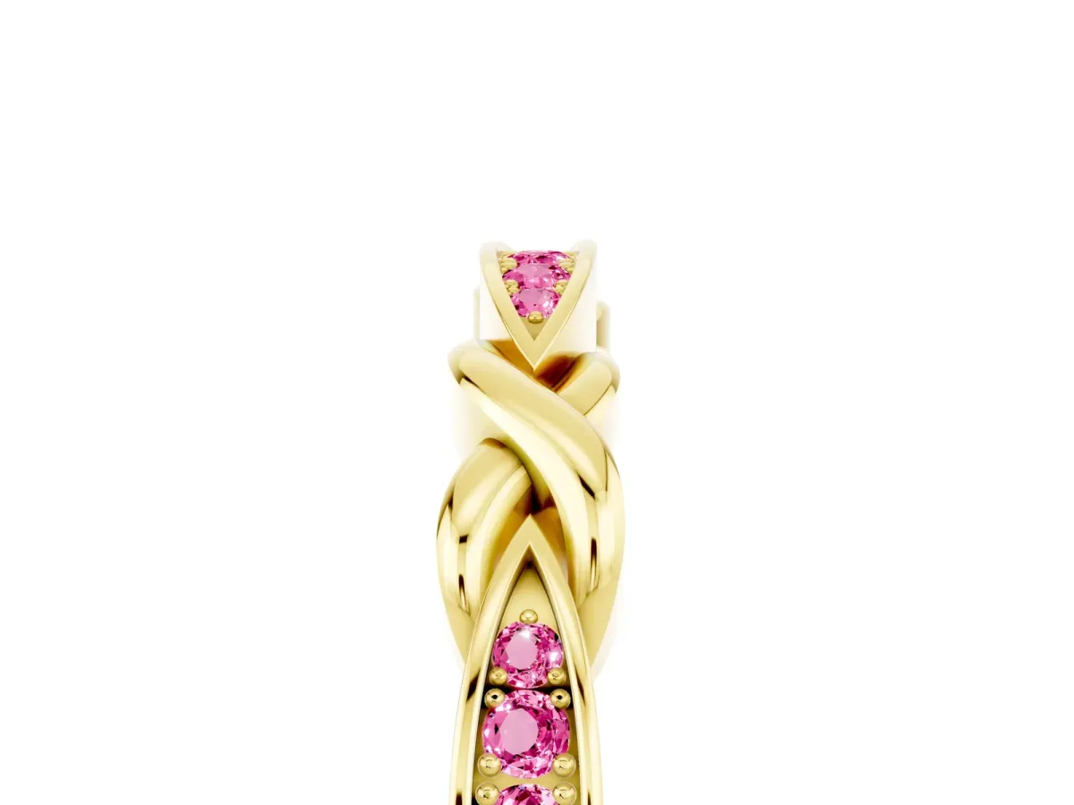 Twisted Marquise Pink Sapphire Pavé Band with Shared Prong Setting Yellow gold