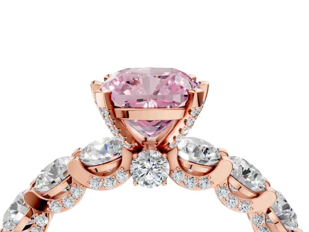 Fancy Pink Cushion Cut Diamond Side Stone Engagement Ring with Four-Prong Setting Rose gold