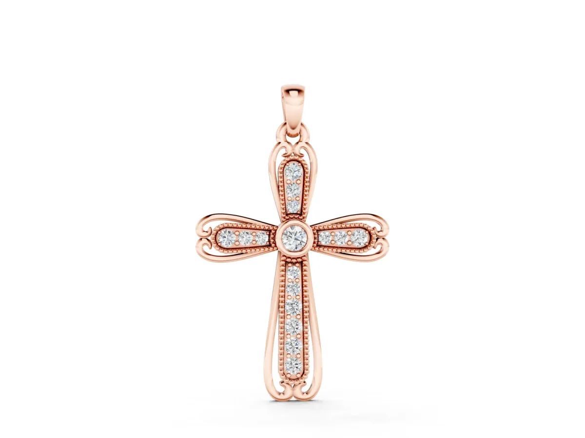 Pavé Round Diamond Cross Pendant with Bezel Setting Rose gold