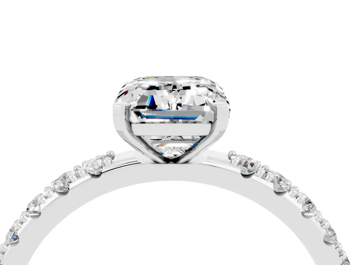 Emerald Cut Moissanite Solitaire Pavé Band with Four-Prong Setting Silver
