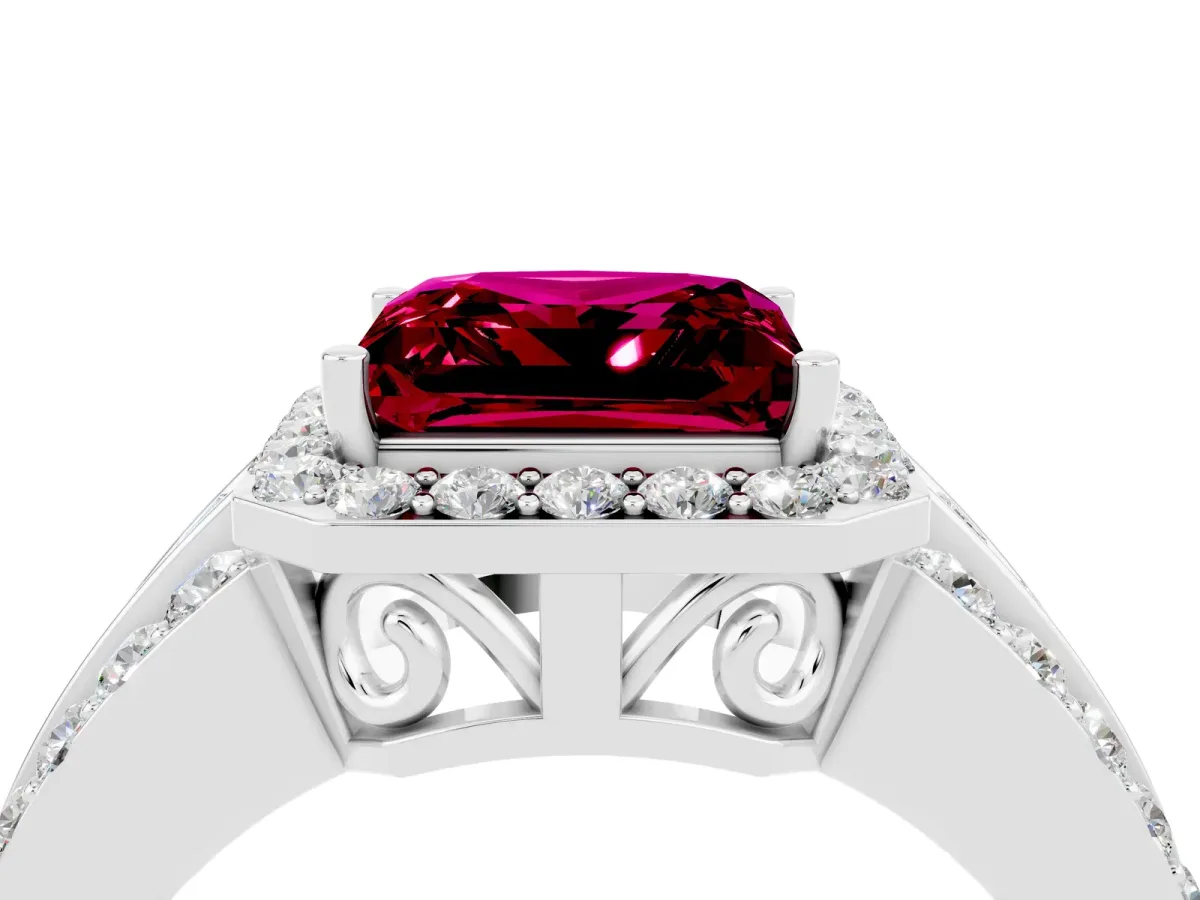 Princess Cut Halo Garnet Ring with Round Split Shank and Prong Setting Platinum
