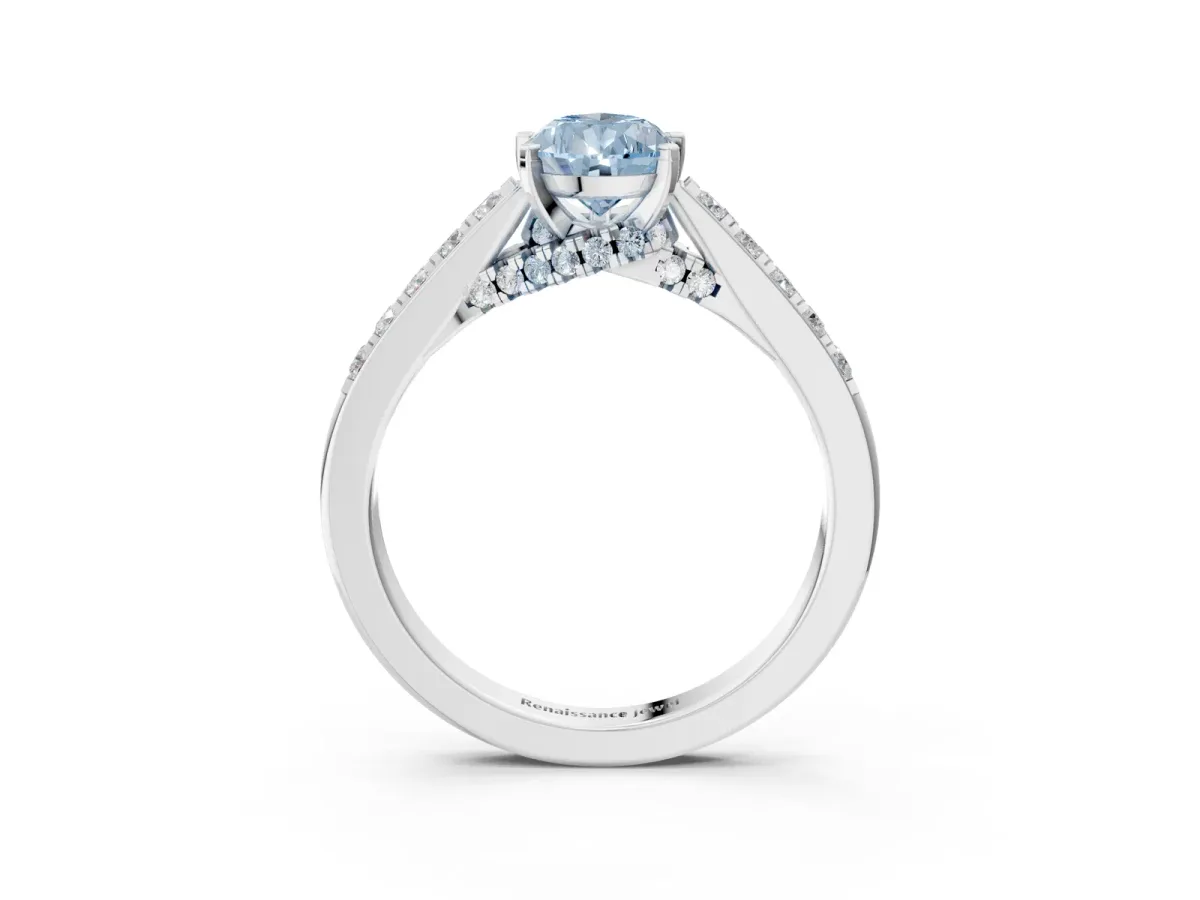 Fancy Blue Pear Cut Diamond Solitaire Ring with Crossover Gallery and Round Pavé Band Silver