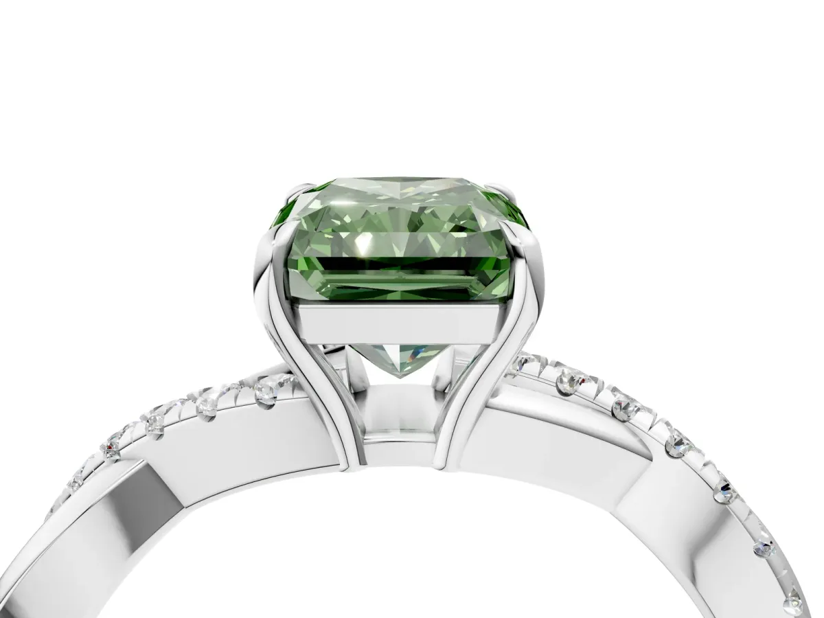 Fancy Green Radiant Cut Cut Diamond Twisted Band with Pavé Setting and Four-Prong Setting Platinum