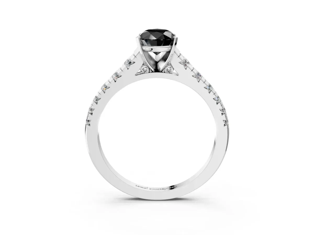 Fancy Black Pear Cut Diamond Cathedral Solitaire Ring with Round Pavé Band Platinum
