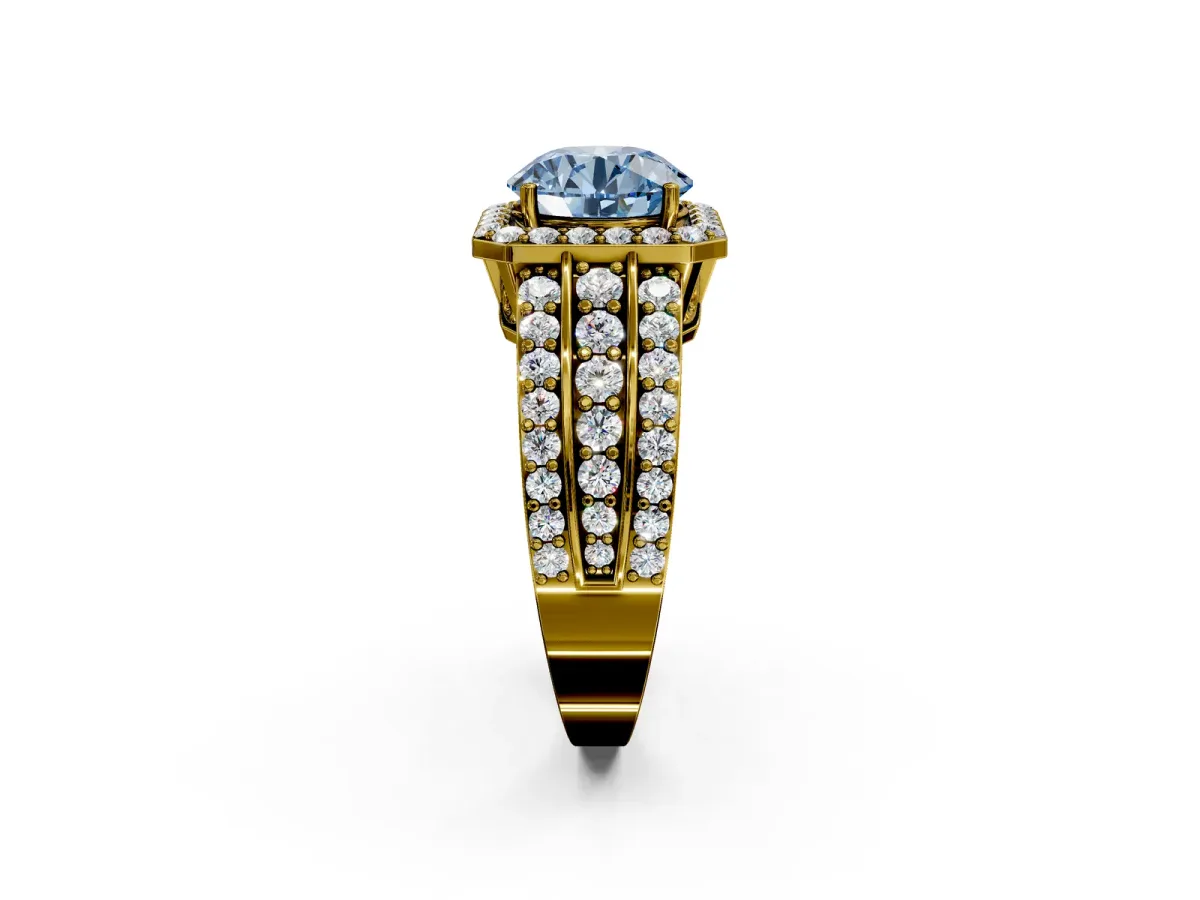 Fancy Blue Round Cut Halo Diamond Ring with Round Split Shank and Prong Setting Yellow gold