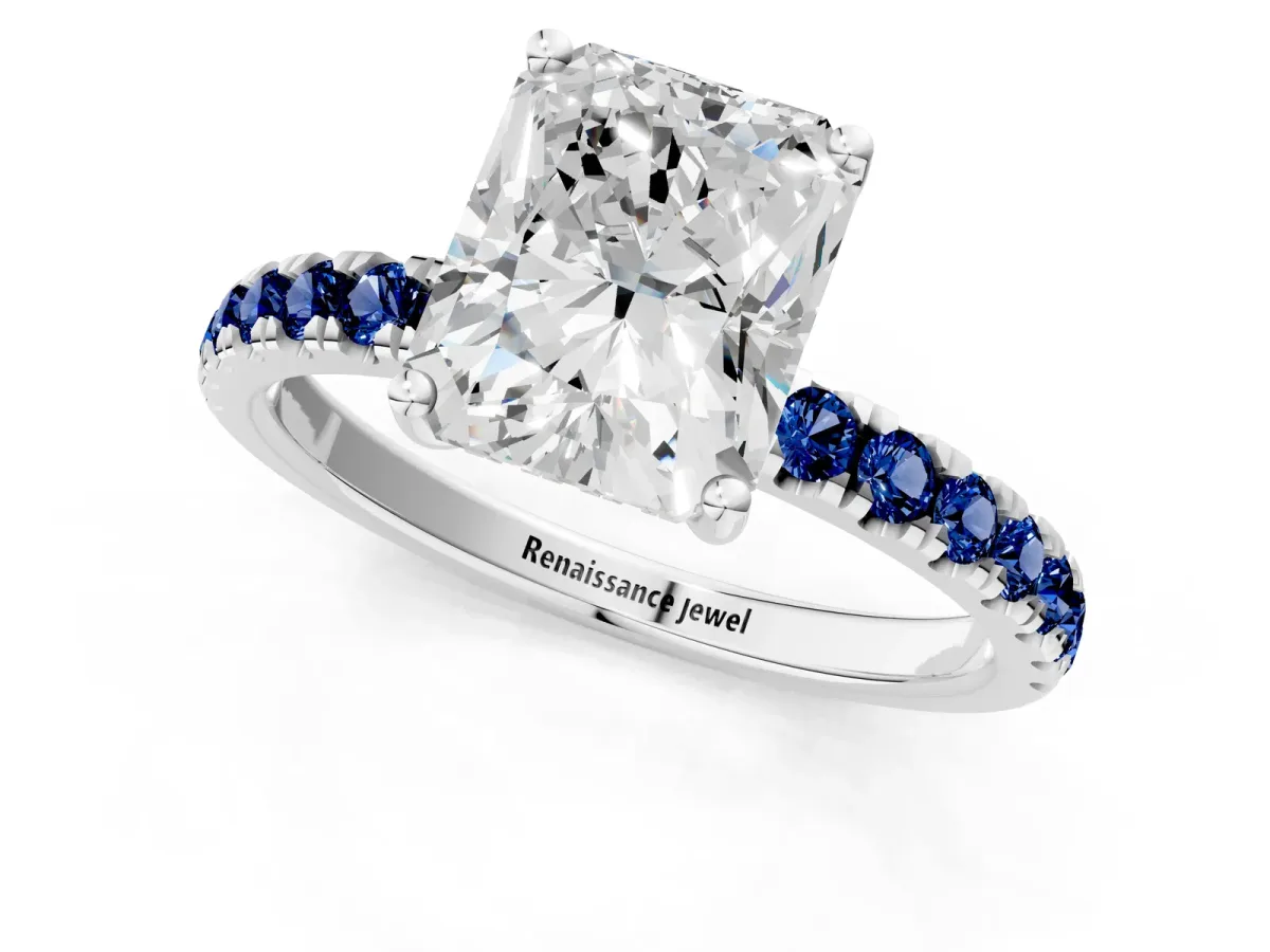 Radiant Cut Diamond Pave Band Solitaire Ring with Round Blue Sapphire and Prong Setting Silver