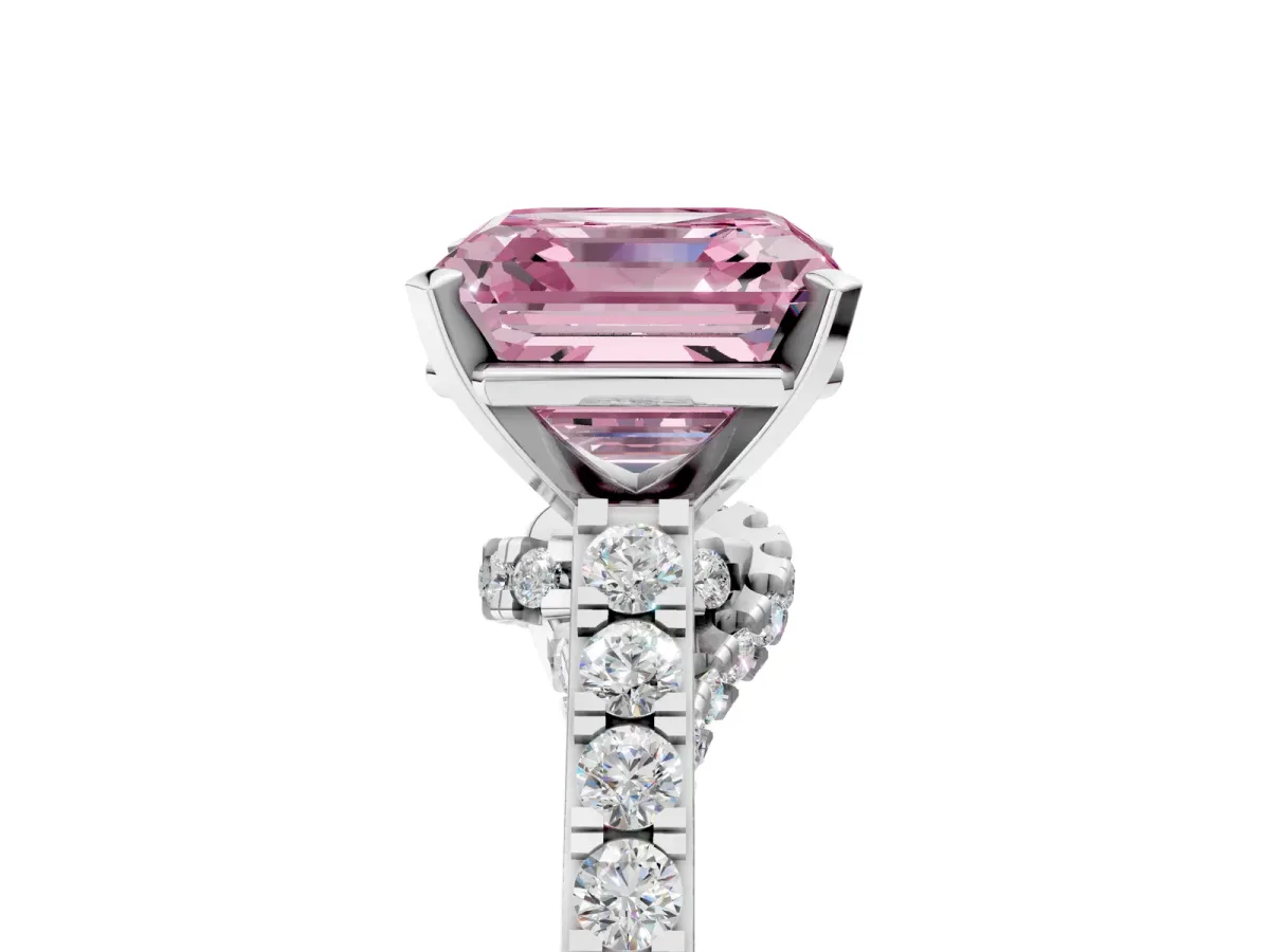 Fancy Pink Asscher Cut Diamond Solitaire Ring with Crossover Gallery and Round Pavé Band Silver