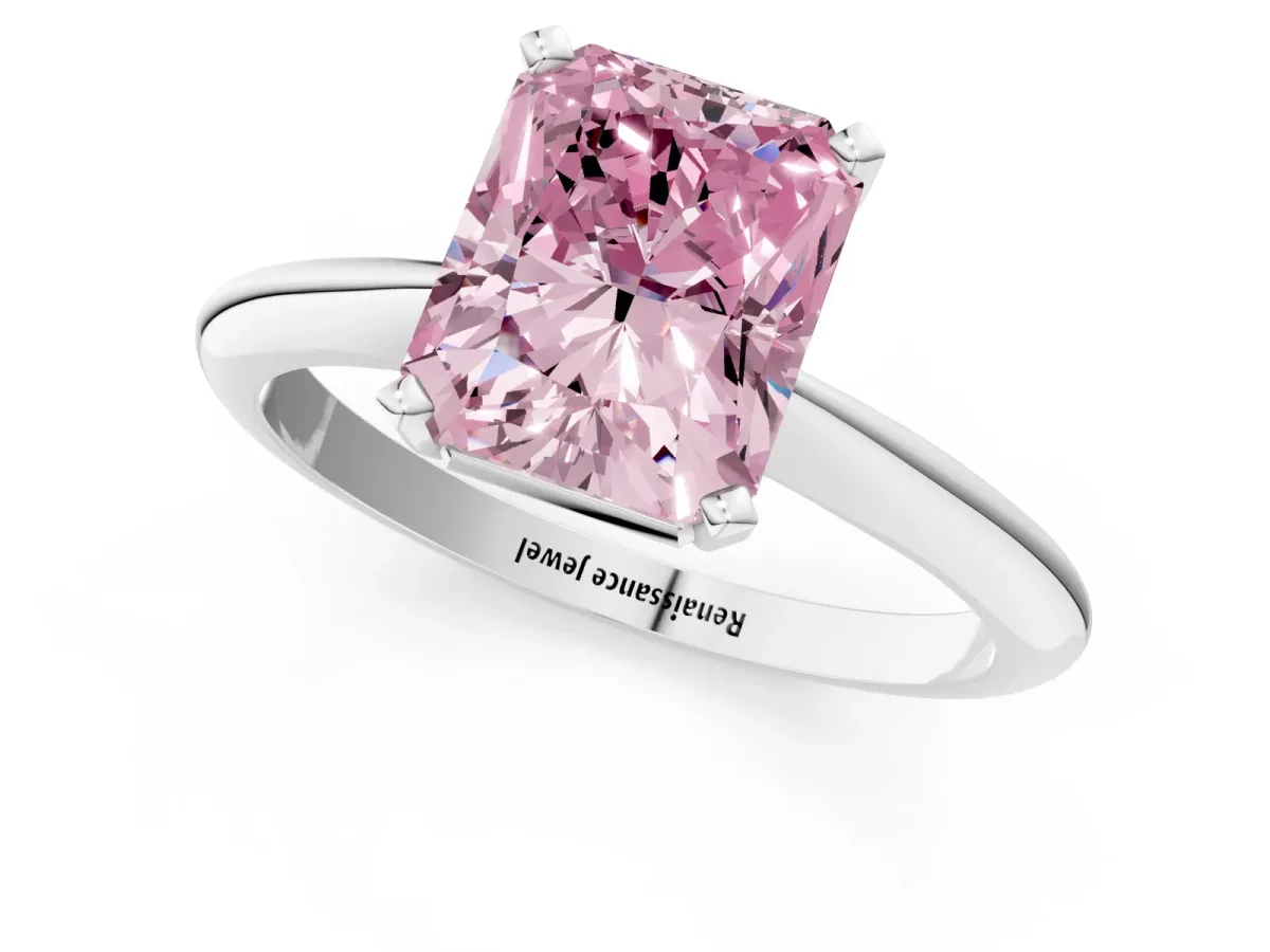 Fancy Pink Radiant Cut Cut Solitaire Ring with Four-Prong Setting on a Classic Band Platinum