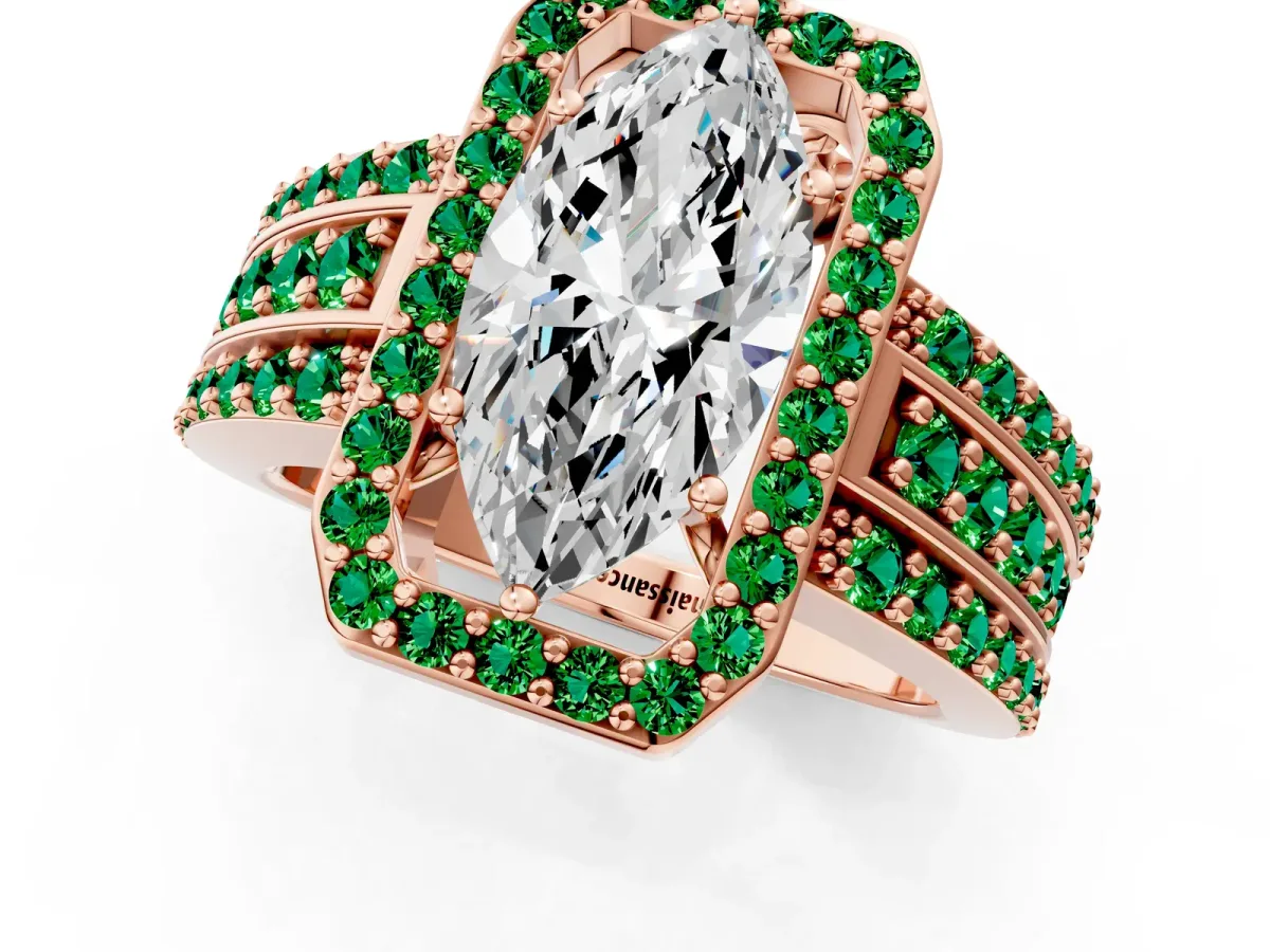 Marquise Cut Halo Diamond Ring with Round Emerald Split Shank and Prong Setting Rose gold